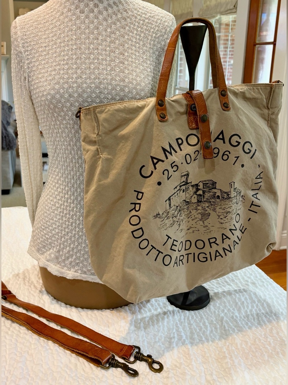 Campomaggi Genziana Large Canvas & Leather Hobo Bag Made in Italy🇮🇹 EUC Rustic